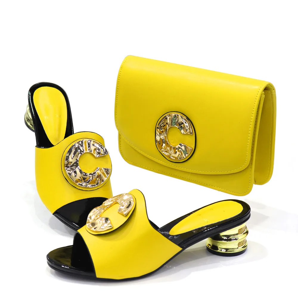 Fashion Yellow African Women Matching Shoes and Bag Set Nigerian Medium Heels Slippers With Purse Handbag Clutch CR529 4.5cm