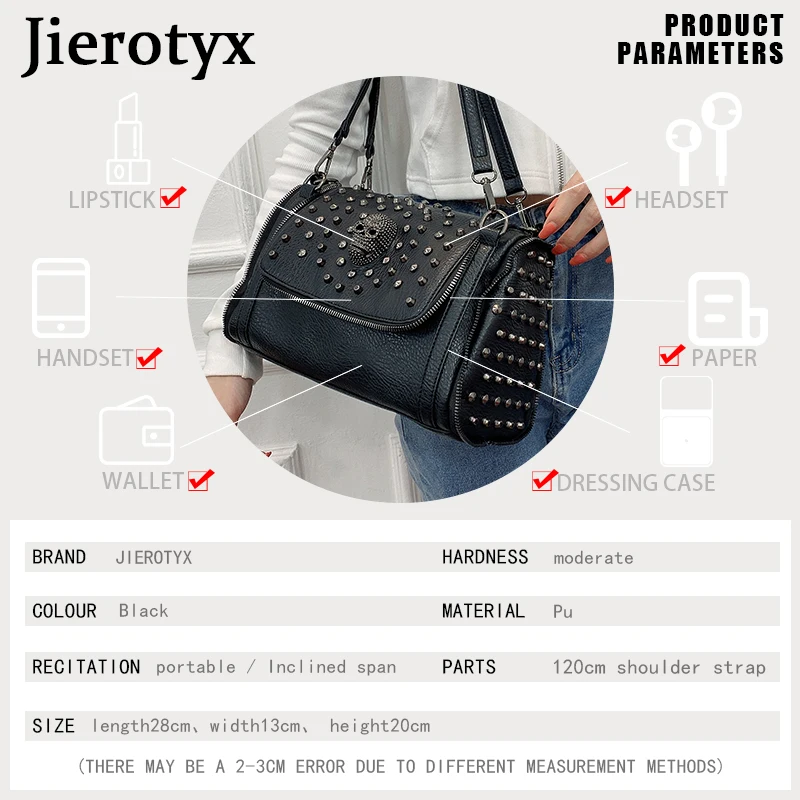 JIEROTYX Sexy Rivet Shoulder Bags Female Luxury Designer Punk Skull Gothic Style Womens Handbags Large Capacity Messenger Bags