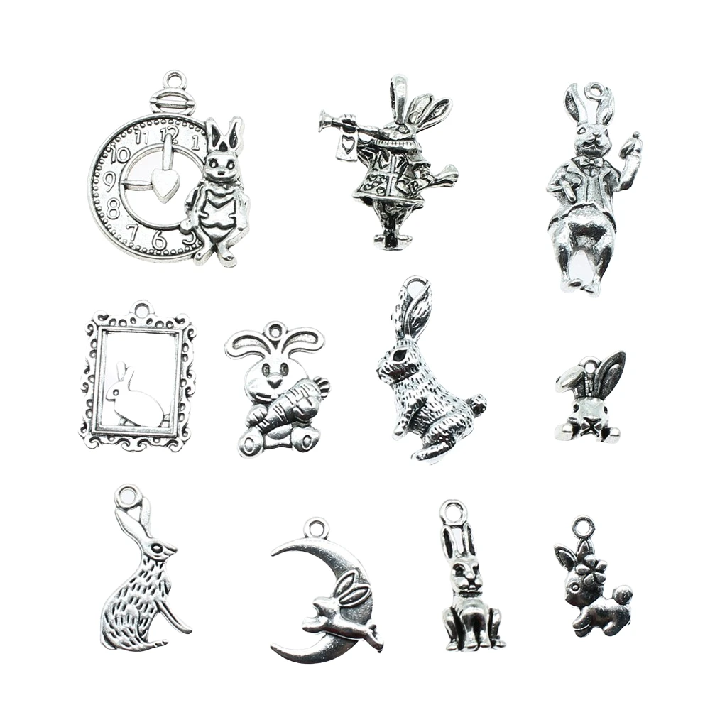 10pcs Antique Silver Color Rabbit Charm Pendants Jewelry Accessories Rabbit Charms For Jewelry Making