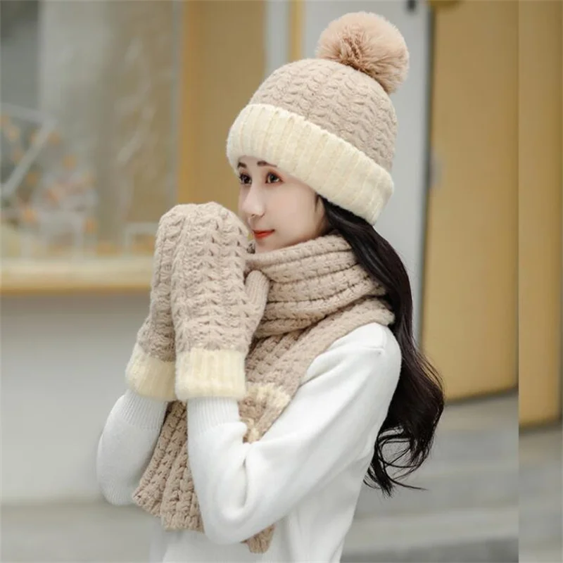 Fashion Women\'s Hat Scarf /Gloves Sets Autumn-Winter Female Thickening Three - Piece Knitted Caps Lady Warm Beanies Hat