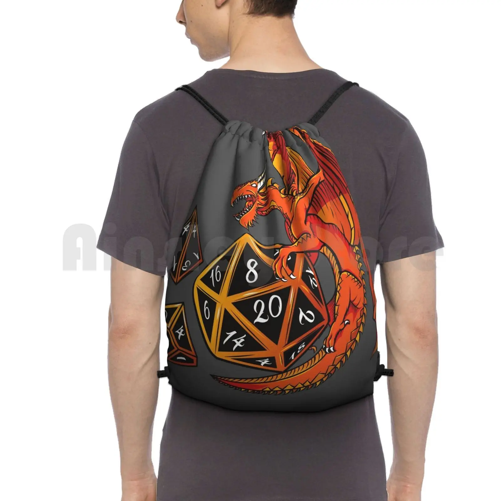 The Dice Dragon-D20 , D4 , D10 , & Backpack Drawstring Bag Riding Climbing Gym Bag Pathfinder D20 Rpg Dnd Dragon Black Geek