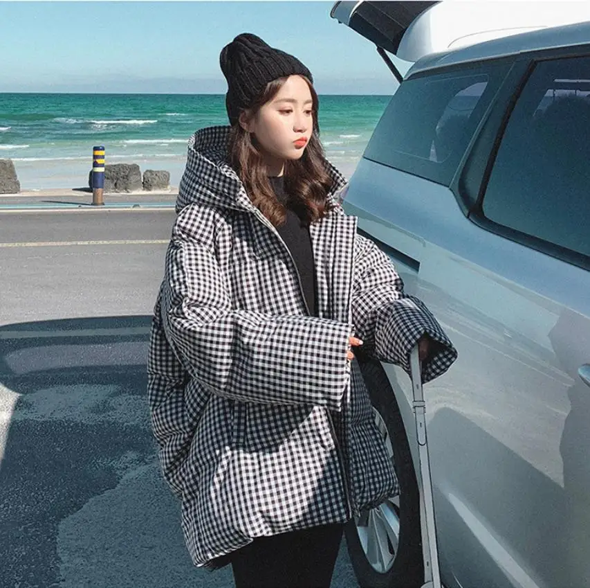 Winter plaid bread style bat sleeved cotton coat female loose oversized thicker warm jacket fluffy cotton jacket F325