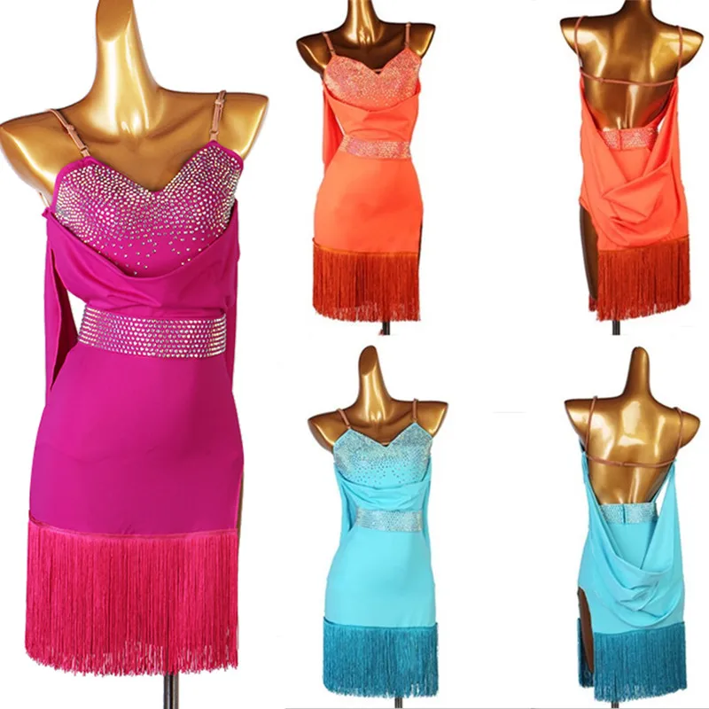 Women Latin Dance Dress Ladies orange blue red latin dress fringe Rumba ChaCha salsa crystal Latin competition  dress lq231