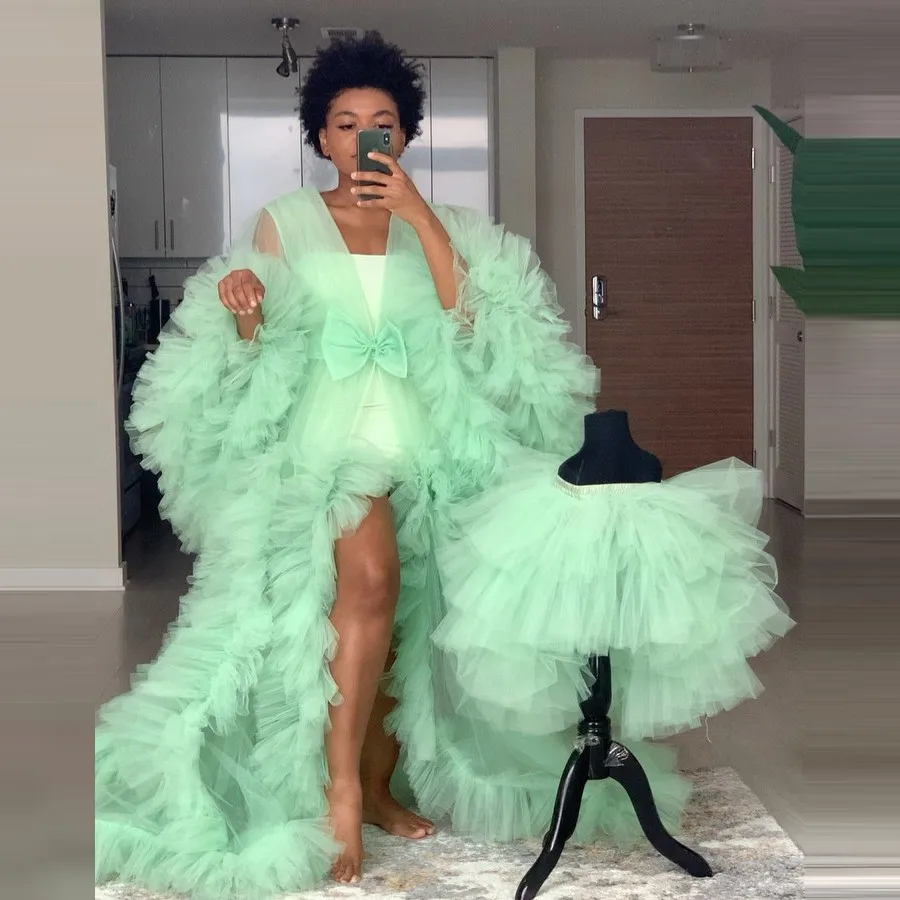 Mint Green Ruffles Tulle Long Sleeve Women Winter Sexy Kimono Pregnant Party Sleepwear Women Bathrobe Sheer Nightgown Robe