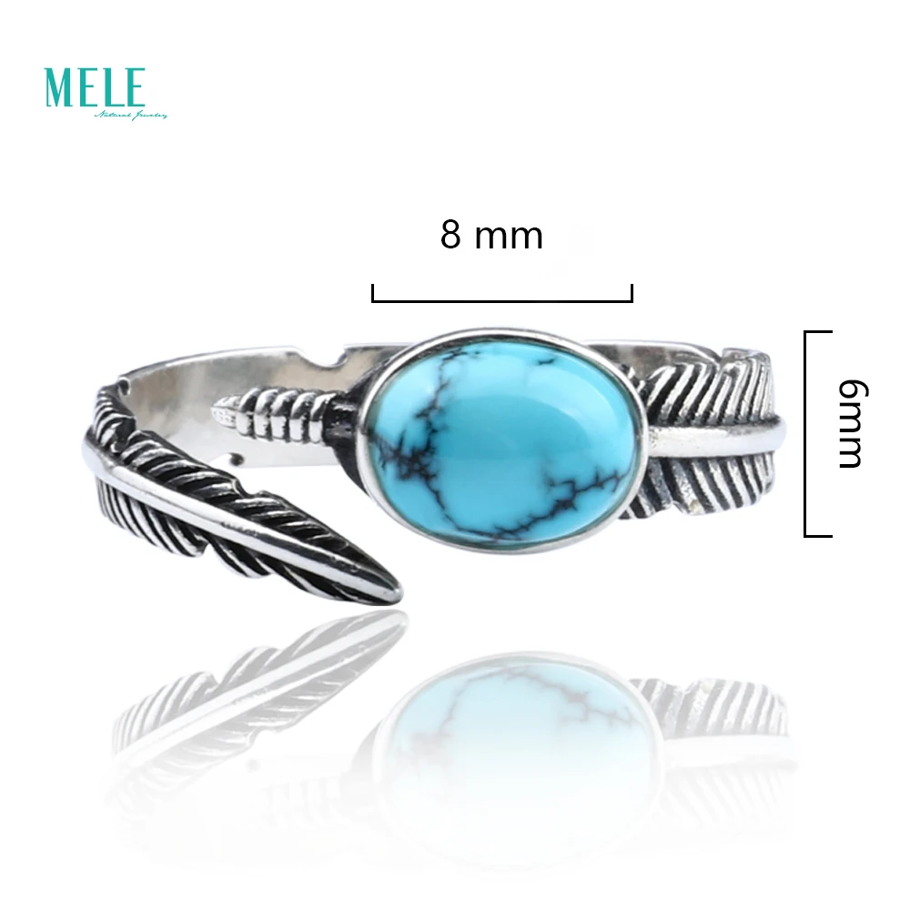 Natural Turquoise Ring 6*8mm 1ct Feather 925 Silver Retro Personality Fashion Classic Natural Sleeping Beauty Turquoise Ring