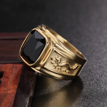 Bague carrée en pierre noire et rouge pour hommes, Design créatif, Punk rétro, couleur or, Double Dragon, anneaux en acier inoxydable, amulette, bijoux cadeau