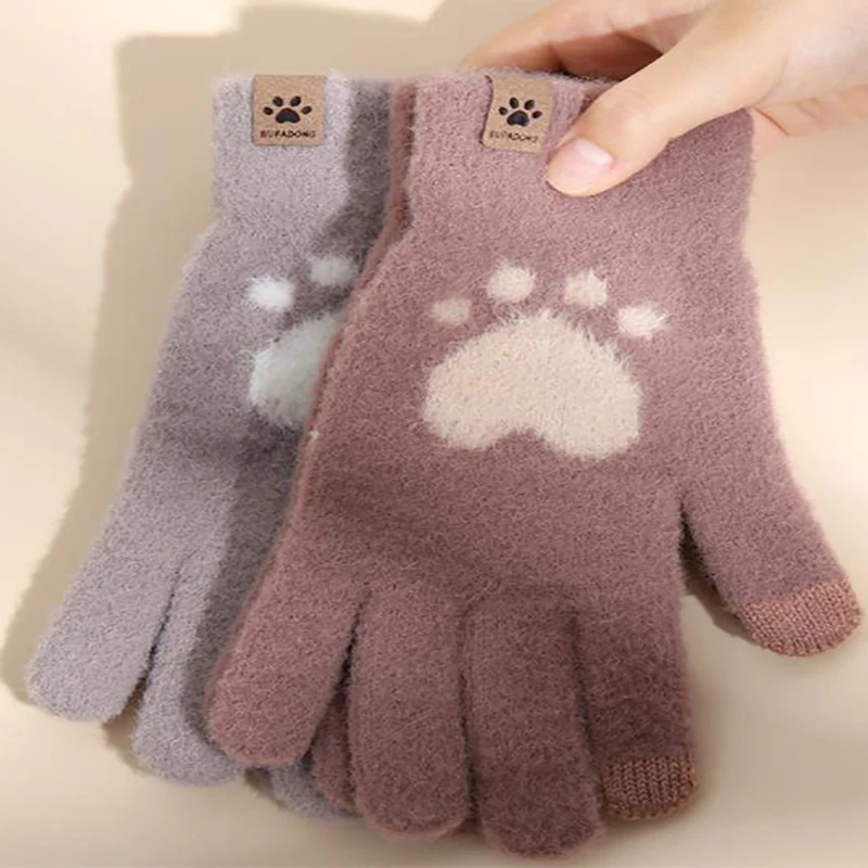 

2021 Winter Warm Gloves Women Cute Cat Paw Warm Wool Touchscreen Gloves Women Fluff Fingerless Flip Gloves Outdoor Knitted Glove