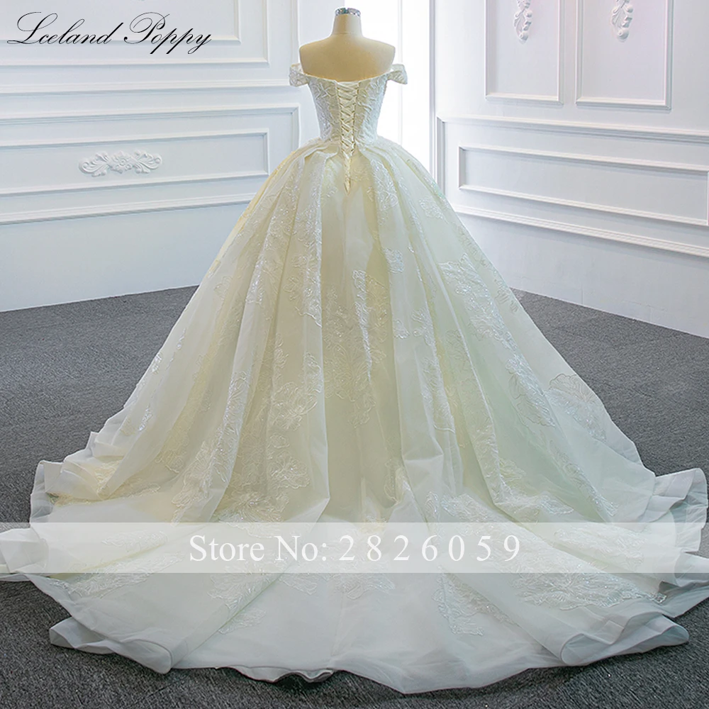 Lceland Poppy Customized Boat Neck Ball Gown Wedding Dresses Floor Length Beaded Lace Appliques Bridal Gowns with Chapel Train