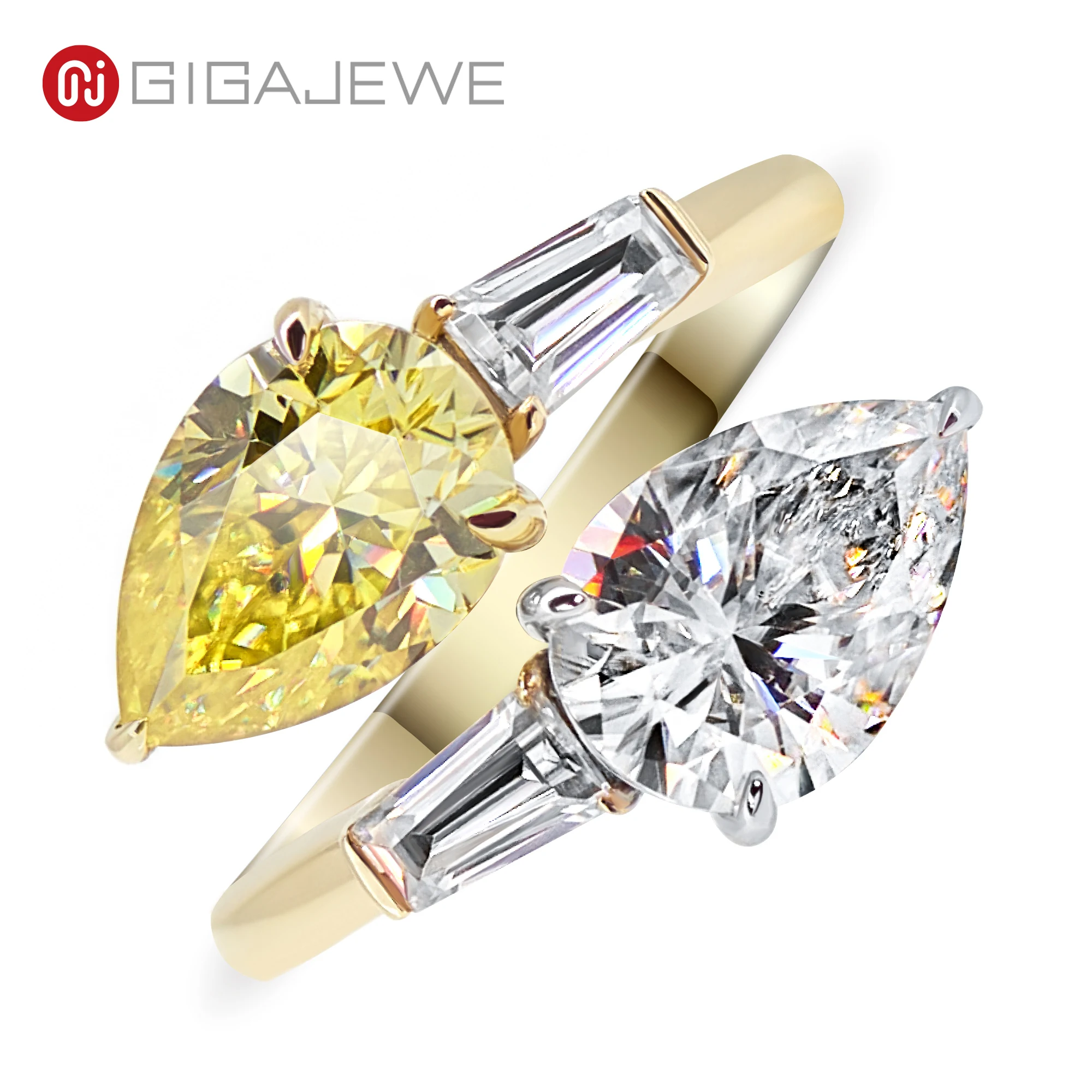 GIGAJEWE Moissanite 4.0ct 7x10mmX2Pcs Pear Cut Vivid Yellow And White D Color VVS1 18K White Gold Ring Jewelry Woman Girl Gift