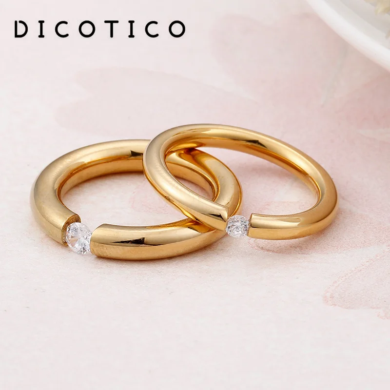 Gold Color Rings For Women Girls Stainless Steel Smooth 3/4mm Width Cubic Zircon Finger Rings Wedding Bands Party Women Jewelry