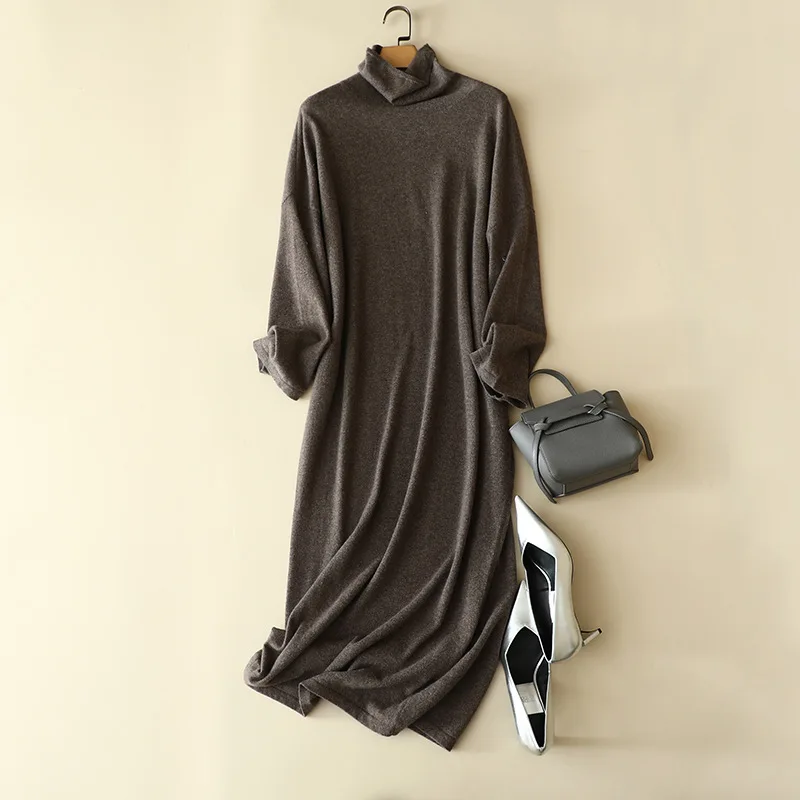 fancy winter new oversized 100% cashmere sweater dresses turtleneck women elegant loose warm jumper