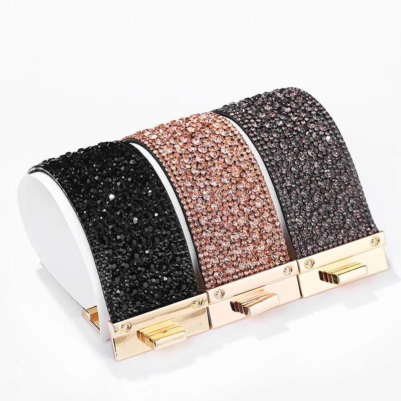 Wide Leather Crystal Bracelets & Bangles For Women Girls Handmade Female Charms Cuff Bracelet Wristband Party Jewelry