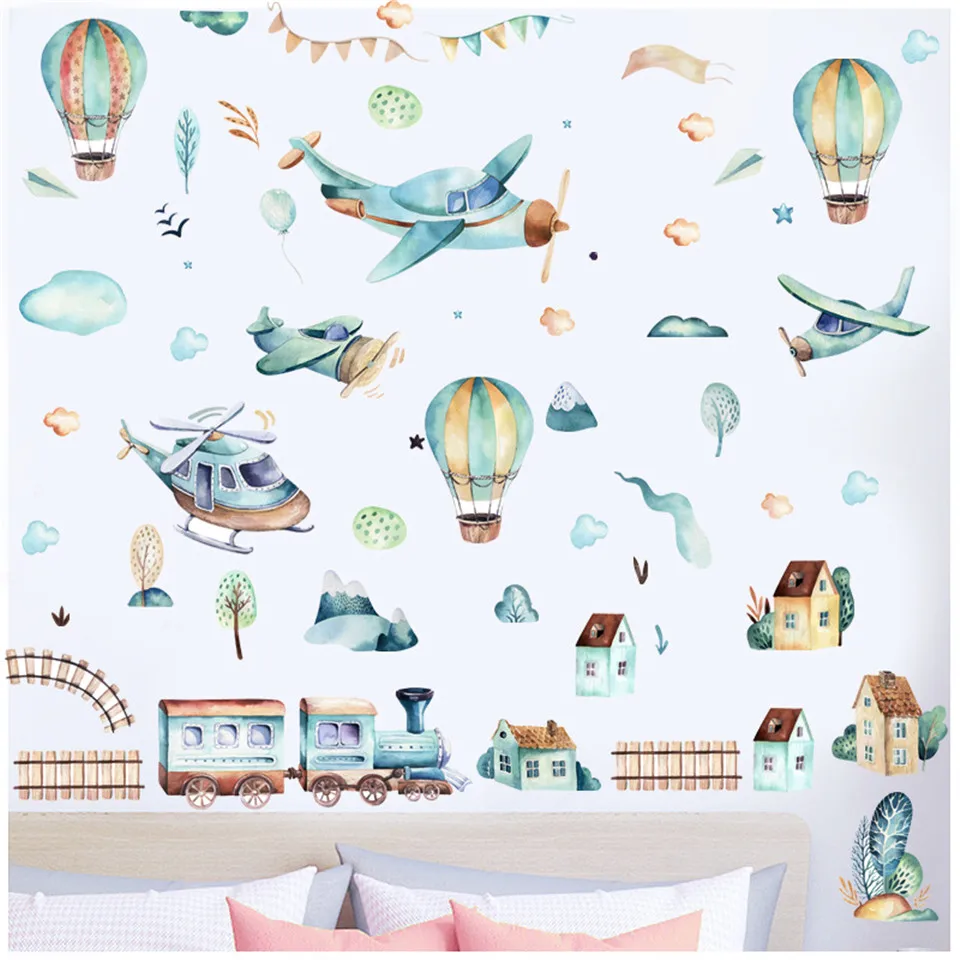 Vinyl Wallpaper Hot Air Balloon Train Wall Sticker Baby Nursery Decoration Child Kids Room Home Decor Decal Self Adhesive Murals