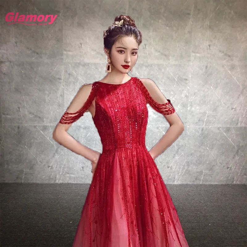 Gradient Red A Line Sleeveless Elegant Luxury Evening Dresses Beading Tassel Gowns For Women Party