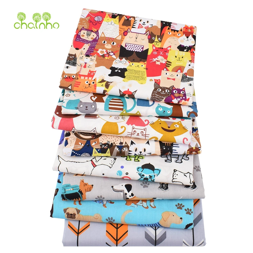 Chainho,Printed Twill Weave Cotton Fabric,Patchwork Cloth,DIY Sewing Quilting Material,Cats & Gogs Cartoon Series,2 Sizes,CC306