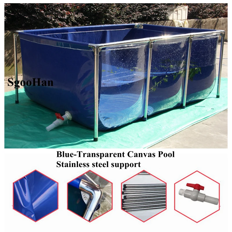 Blue-Transparent Canvas Water Pool Home Aquarium Fish Tank Children Swimming Pool Aquaculture Water Tank+Stainless Steel Support