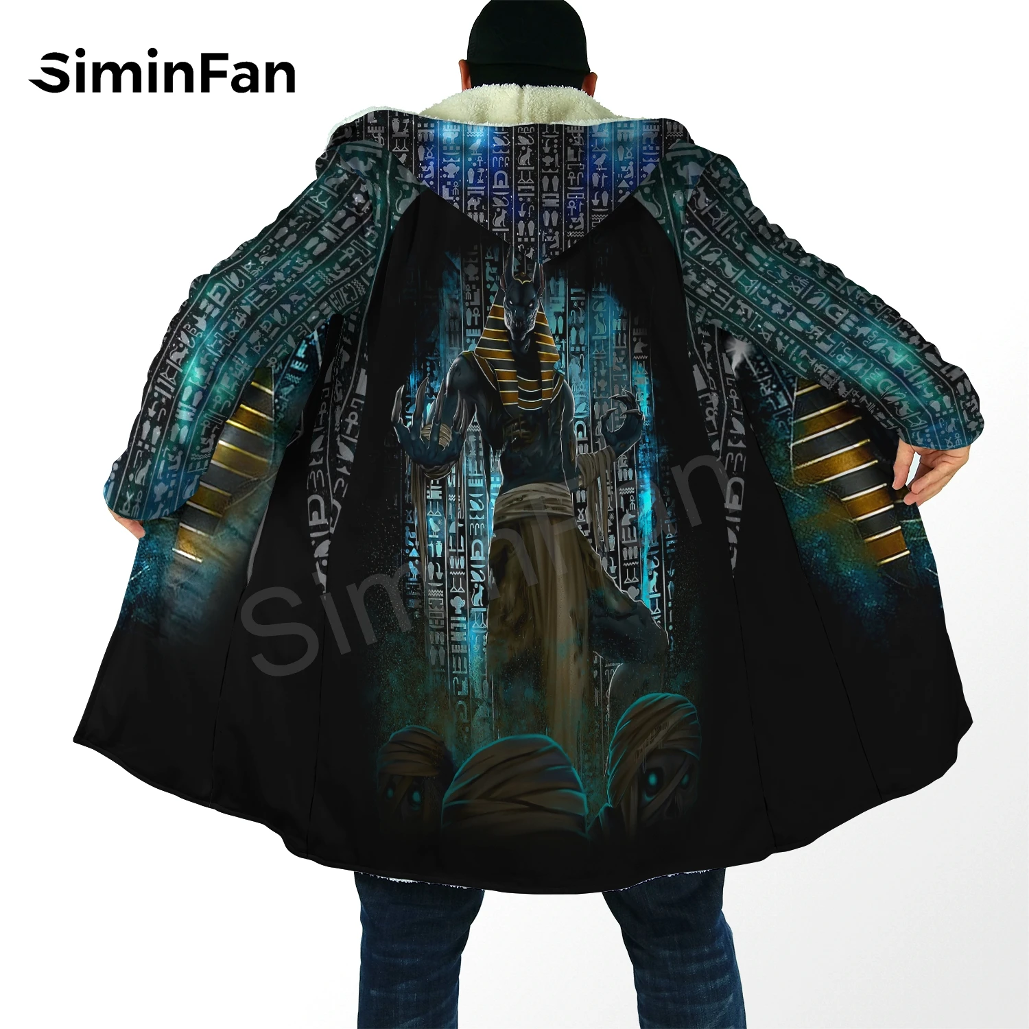 

Winter Thick Mens Hooded Cloak Ancient Gods of Egypt 3D Print Flannel Claw Buckle Coat Unisex Casual Cashmere Warm Cape Jacket 5