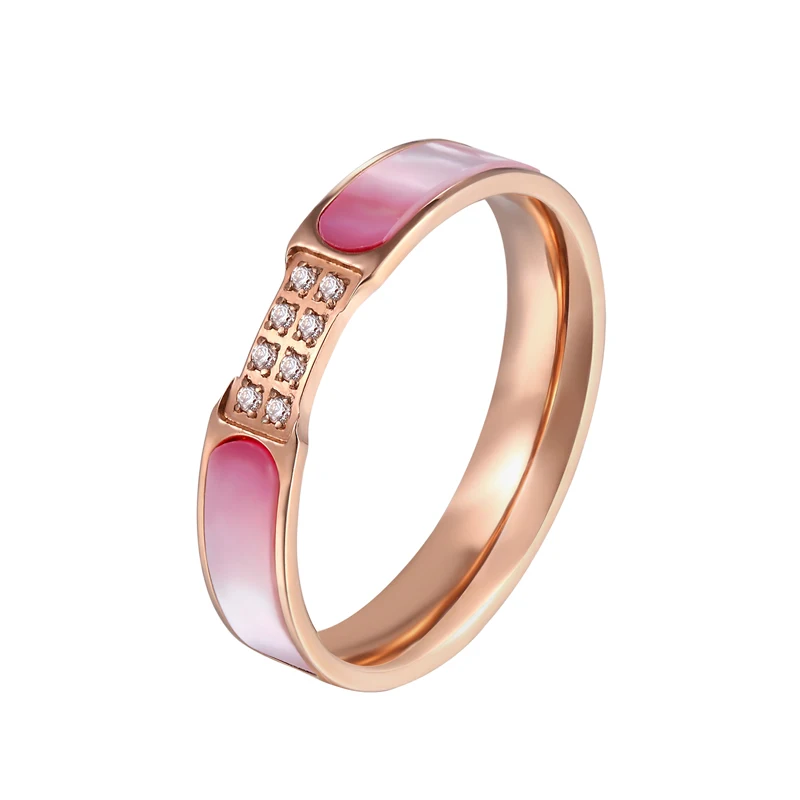 Super Beautiful And Noble Colored Shells And 4 Rows Zircon Ring For Women Stainless Steel Rose Gold Color Ring Love Couple Gift