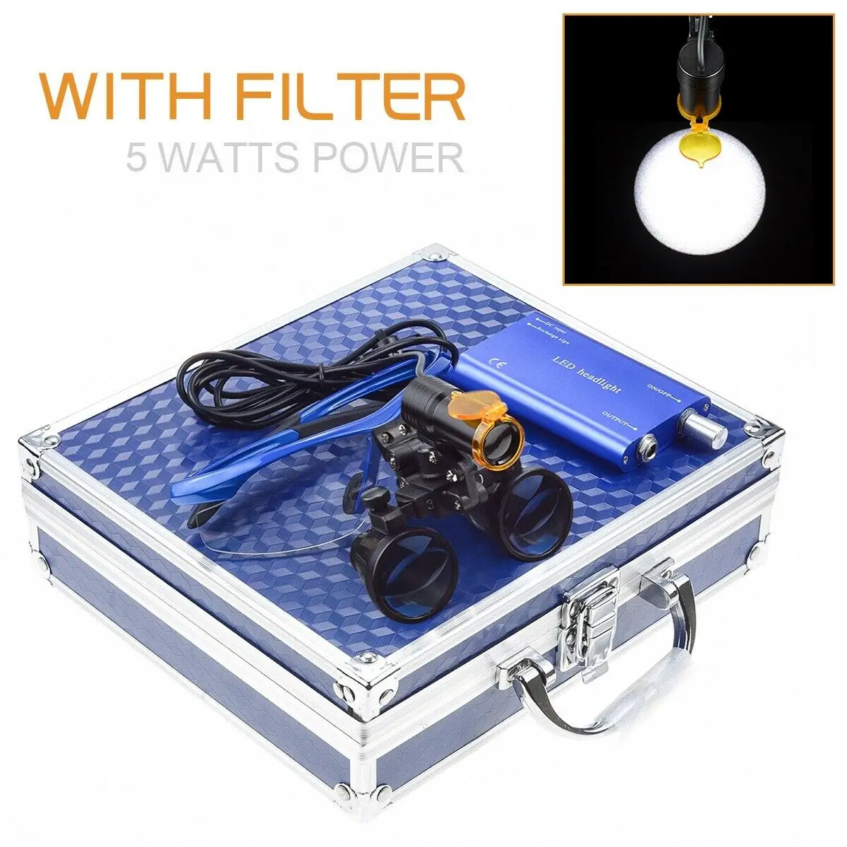 

Медицинская бинокулярная стоматологическая лупа + 5 Вт светодиодный ная лампа налобного фонаря с фильтром в алюминиевой коробке 2,5x/3,5x Синяя