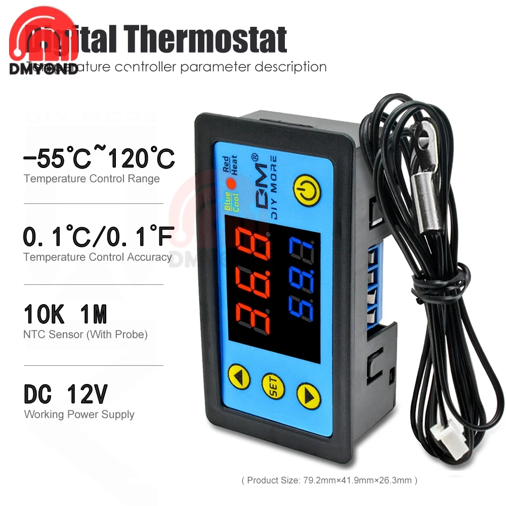 W3231 Single/Dual LED Display Digital Temperature Controller AC 110-220V DC 12V 24V Heat Cool Control Thermostat with NTC Sensor