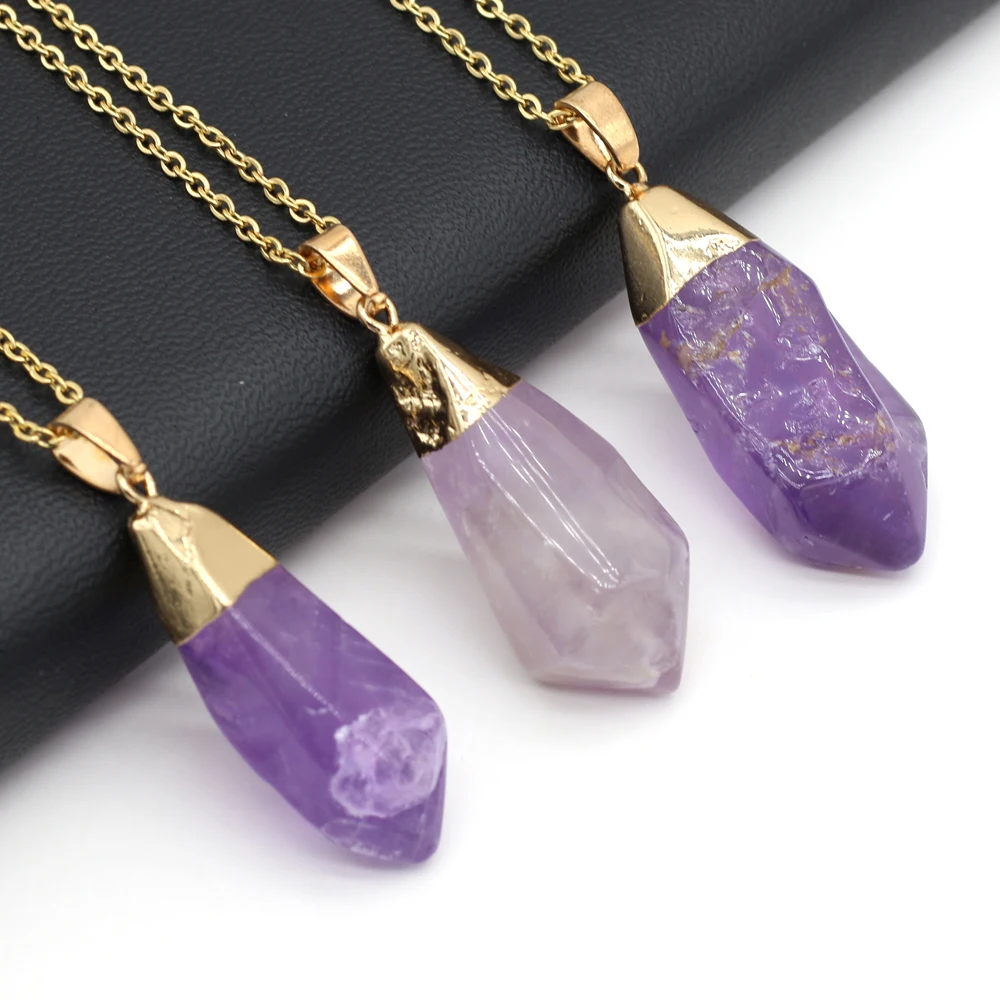 5PCS Wholesale Reiki Healing Natural Stone Rough Amethyst Pendant Necklace For Women Jewelry Fashion Necklaces Charm Gift