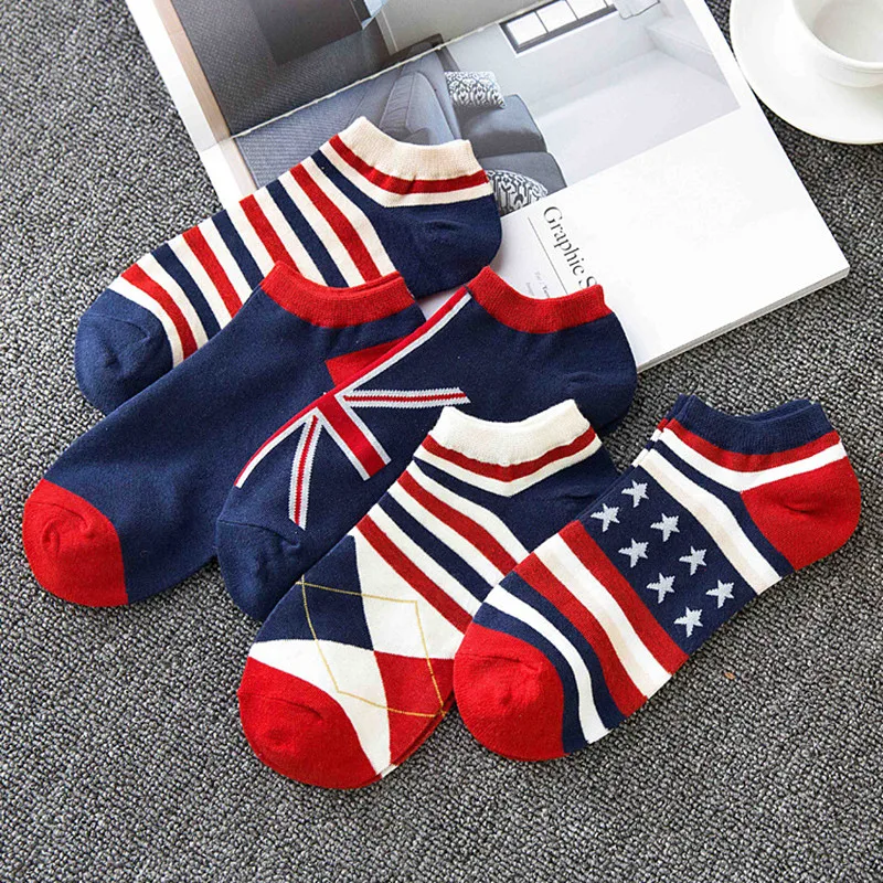 5 Paar Herenmode Nationale Vlag Katoenen Sokken Slippers Ademende Mannelijke Antislip Onzichtbare Bootsokken Gestreepte Enkel Sox Meias