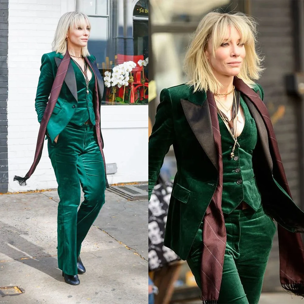 Green Women Velvet Blazer Suits Custom Made One Button Pocket 3 Pieces Set Slim Fit Fashion Elegant Streetwear Dress