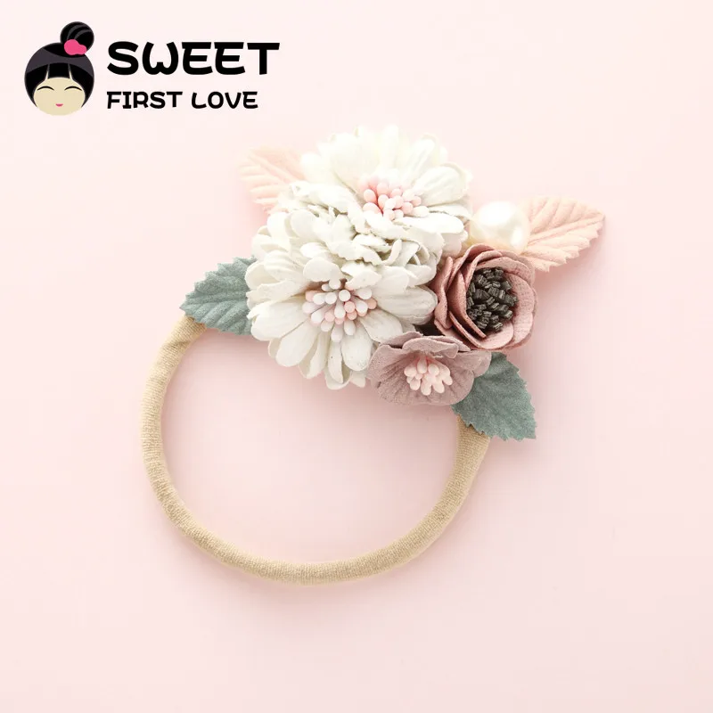 

Fashion Florals Headband Newborn Baby Elastic Princess Hairbands Child Kids Pearl Cute Headwear Hair Accessories For Women