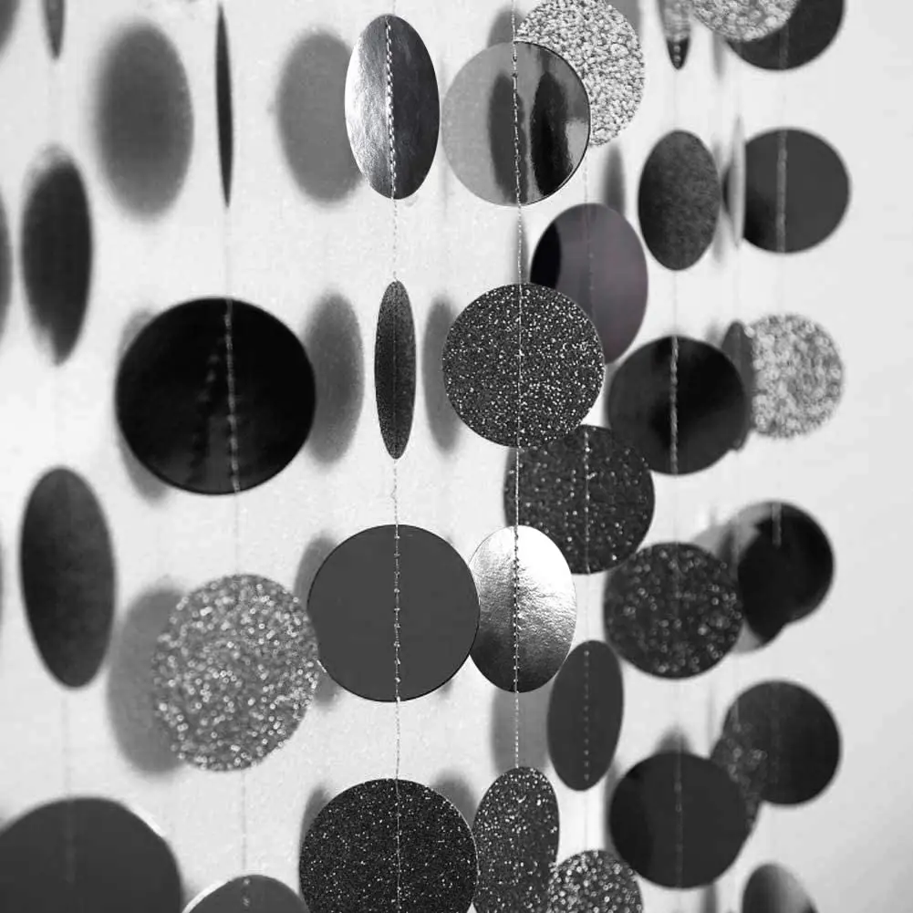 Glitter Grey Black Paper Circle Dot Round Garlands Halloween Party Hanging Banner for Birthday Decor Graduation Party Decoration