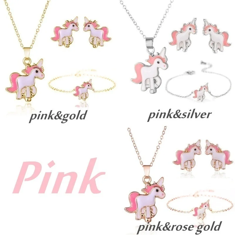 4pcs/set Necklace Earrings Cartoon Unicorn Necklace Earring Jewelry Pink Girls Gift Jewelry Jewelry  Earring and Necklace Set