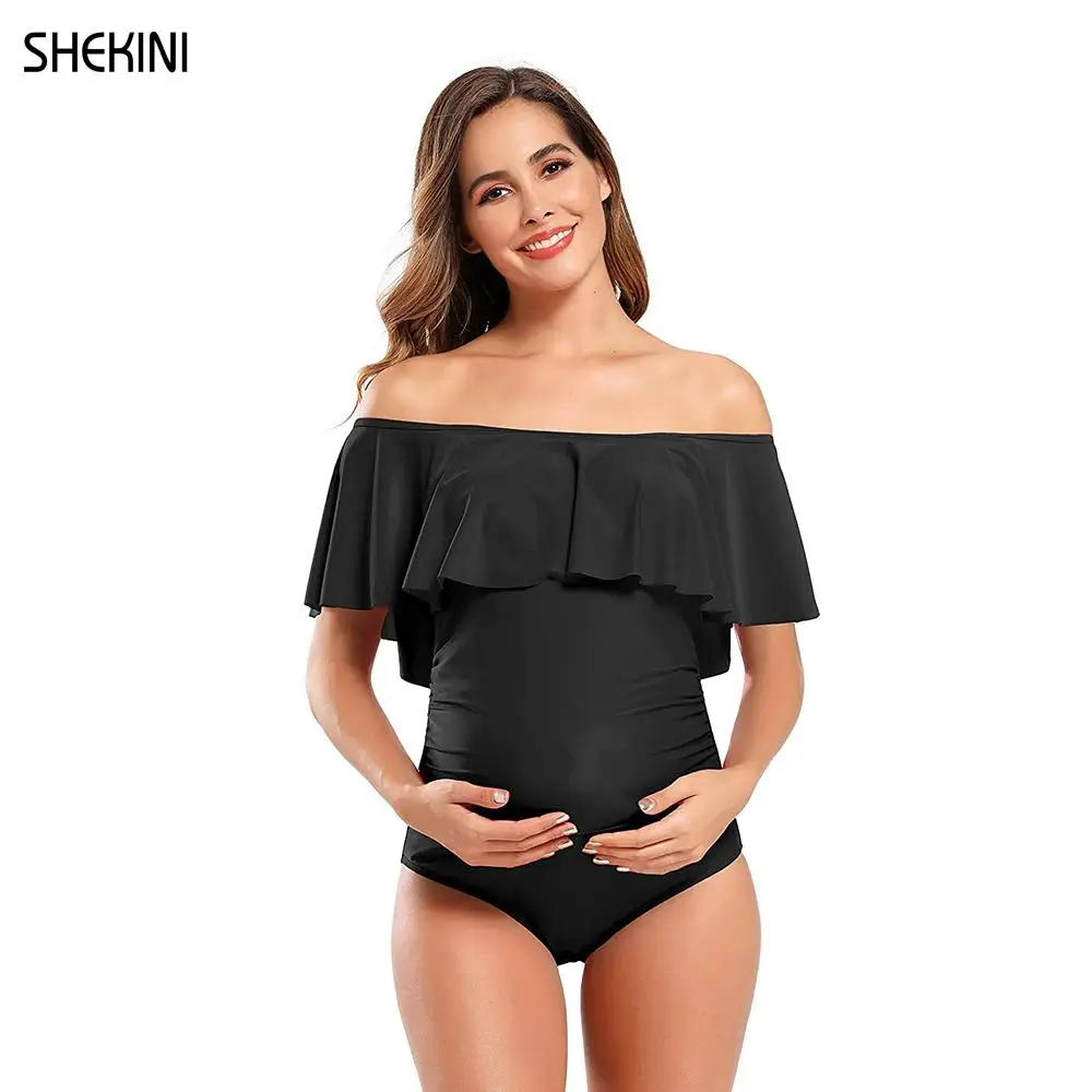 

SHEKINI Women's Off-Shoulder Maternity One Piece Swimsuits Ruffle Flounce Pregnancy Bathing Suit Ruched Bikini Beach Swimwear