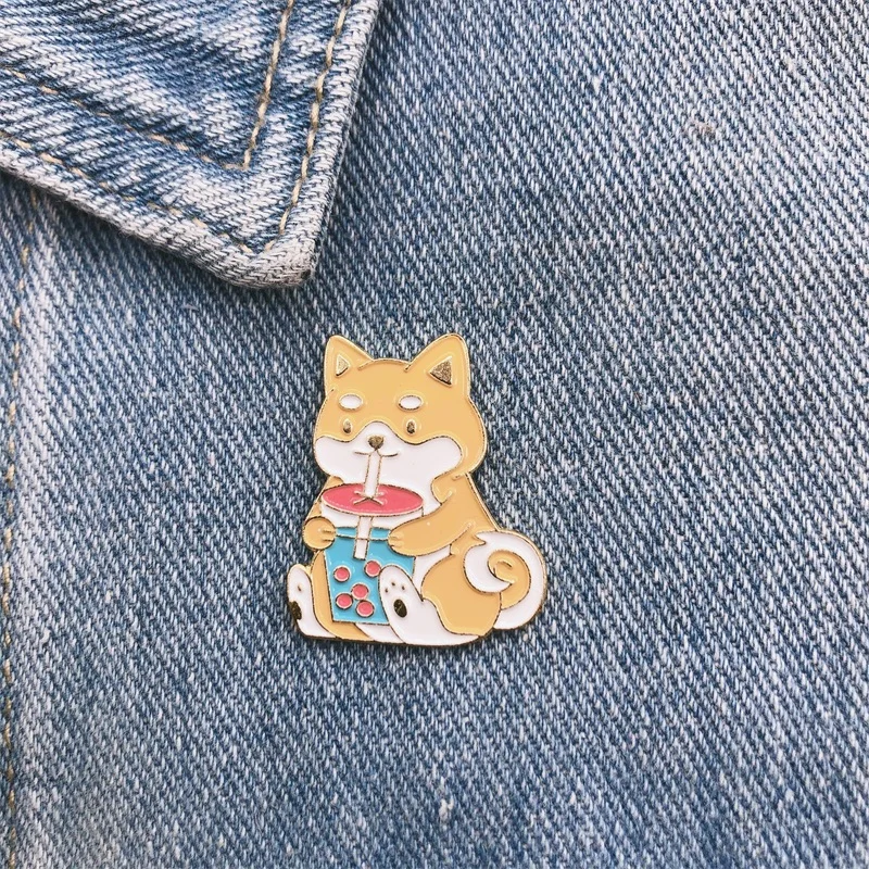 Cartoon Cute Animals Enamel Brooch Dog Shiba Inu Drink Water Pin Custom Alloy Badge Clothes Bags Punk Accessories Jewelry Gifts