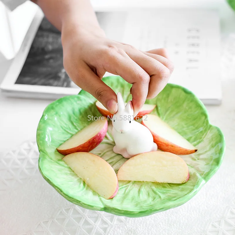 Cute Rabbit Cabbage Ceramic Plate Floral Round Salad Bowl Porcelain Dinner Plate Steak Fruit Tray Decorative Snack Dishes Plate