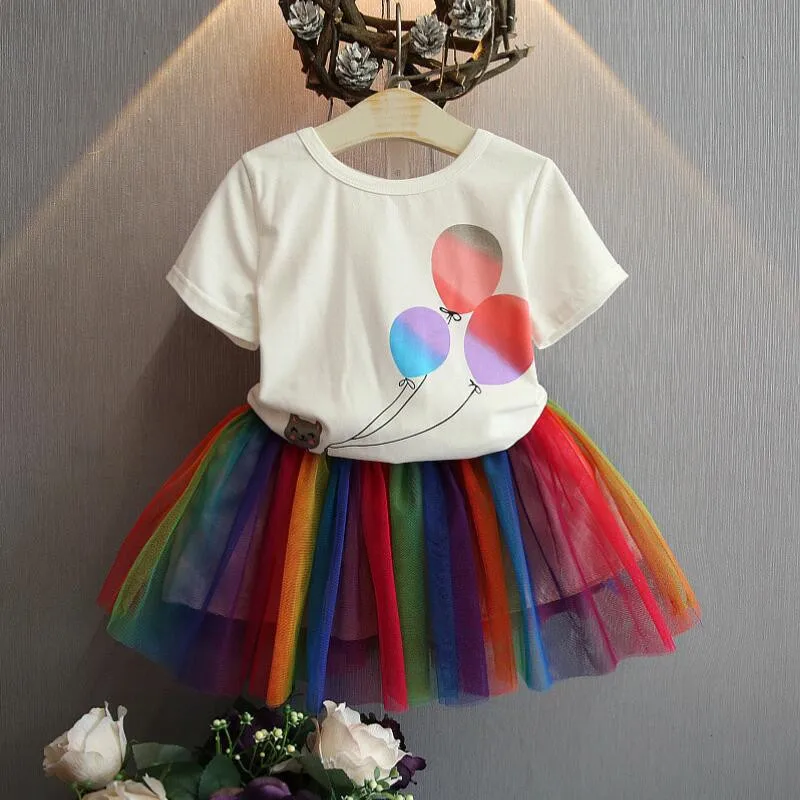 

Fashion Toddler Baby Girls Clothing Summer Cartoon T-shirt Rainbow Mesh Tutu Skirt Kids Outfits 2PCS Suit Adorable Infant A399