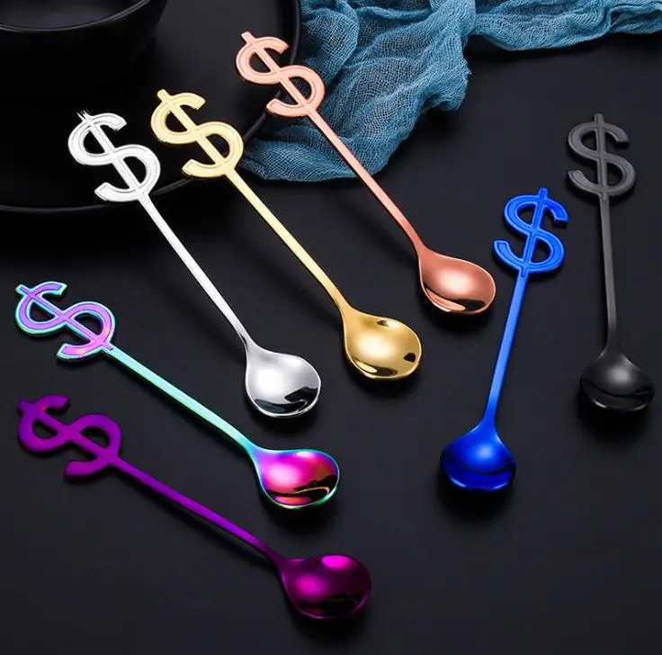 Colorful Dollar Spoons $ Sign Handle Spoon Food Grade 304 Stainless Steel Tea Coffee Spoon Ice Cream Drinking Tools SN2034