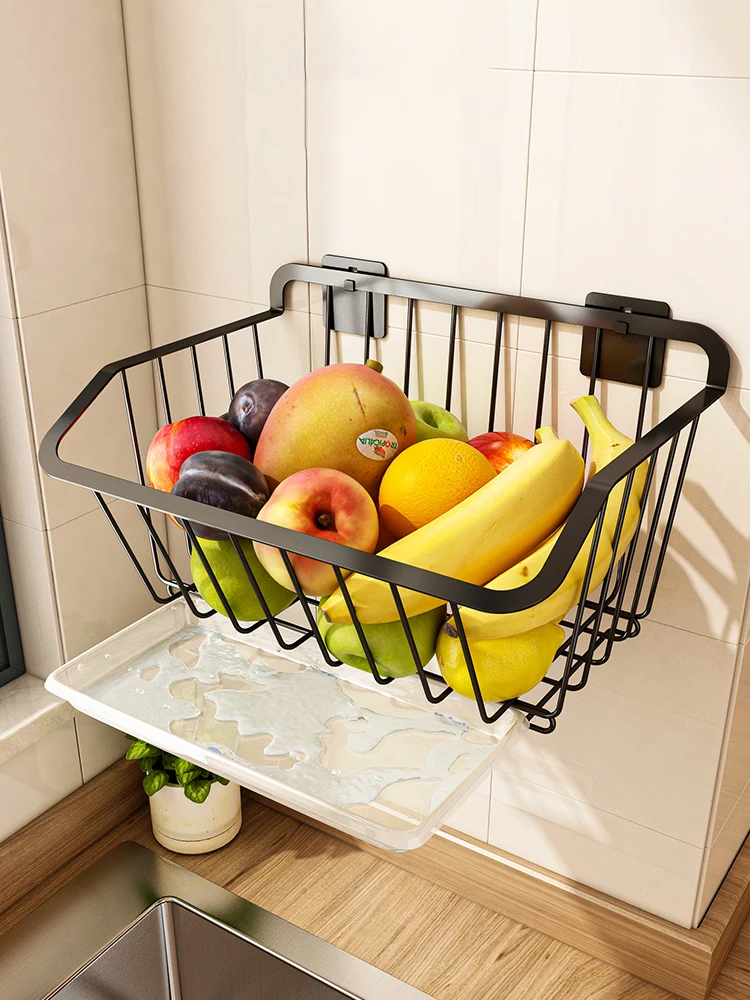 Wall-hung Vegetable Storage Rack Punching-free iron Storage Baskets for Fruit Vegetable Drain Storage Basket Kitchen Oganizer