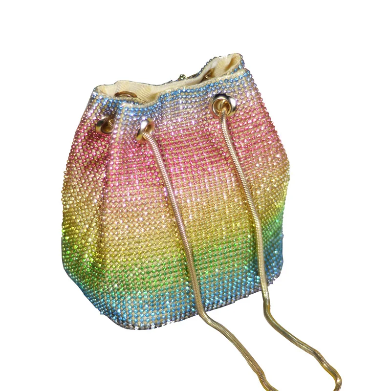Niche Personality Messenger Shoulder Rhinestone Bag Female Chain Handbag Female Color Mesh Diamond Bucket Bag