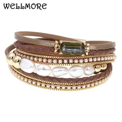 WELLMORE NEW leather bracelets for women fashion fresh water pearls charm Bracelets & Bangles Female Jewelry dropshipping