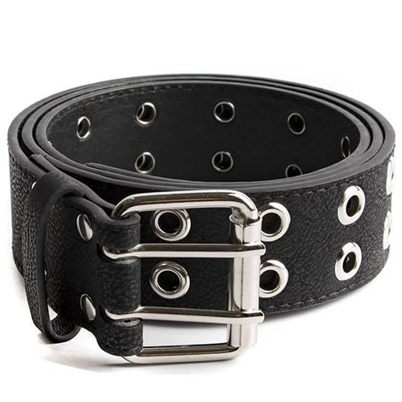 JNKET Punk Double Pin Buckle Men\'s Belt Grommet Rivets Waist Belt PU Leather Waist Strap Fashion Casual Jeans Rock Belt