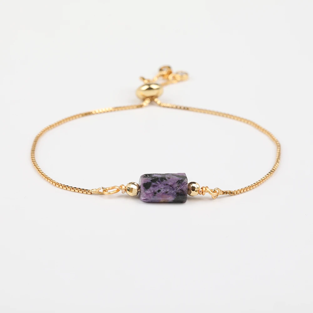 10Pcs/Lot Natural Purple Charoite Stone Single Nugget Beads Gold Tennis Chains Adjustable Bracelet Jewelry For Women N0390JBD