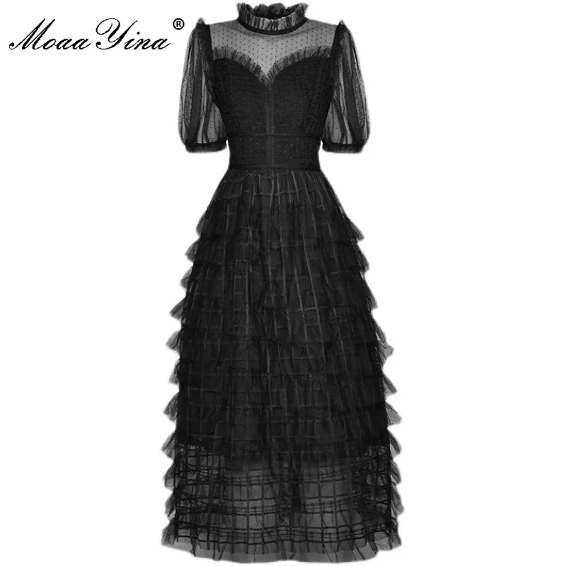 MoaaYina 2021 Fashion Designer Summer Women Elegant Black Gown Dress Puff Sleeve Mesh Print Ruffle Sexy Party club Midi Dress