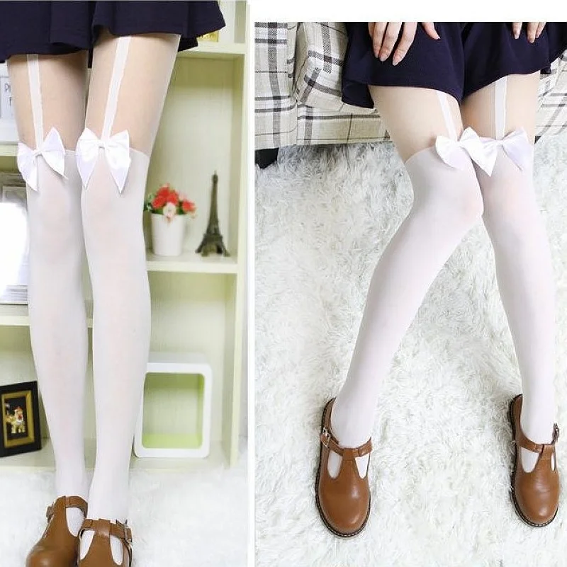 Popular In Japan Girl Women Sexy Velvet Tights Fake High Stocking Pantyhose Mock Bow Suspender High Knee Tattoo Tights