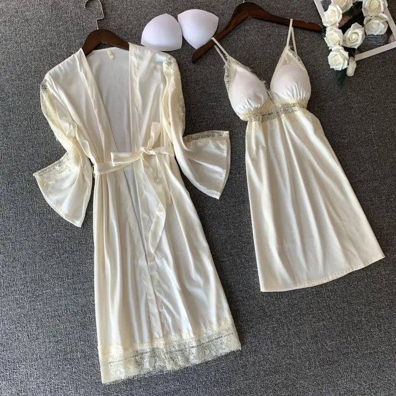 Lace Hollow Out Robe Set Women Satin 2PCS Sleepwear Summer New Nighty&Robe Set Female V-neck Kimono Gown Home Clothing