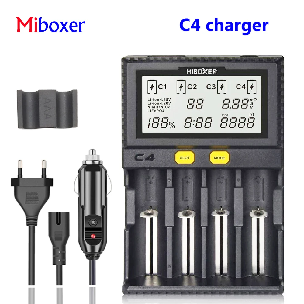 Miboxer C4 V4液晶スマートバッテリー充電器放電器と車リチウムイオン/imr/inr/icr/LiFePO4 18650 14500 26650 100から800mah aa aaa