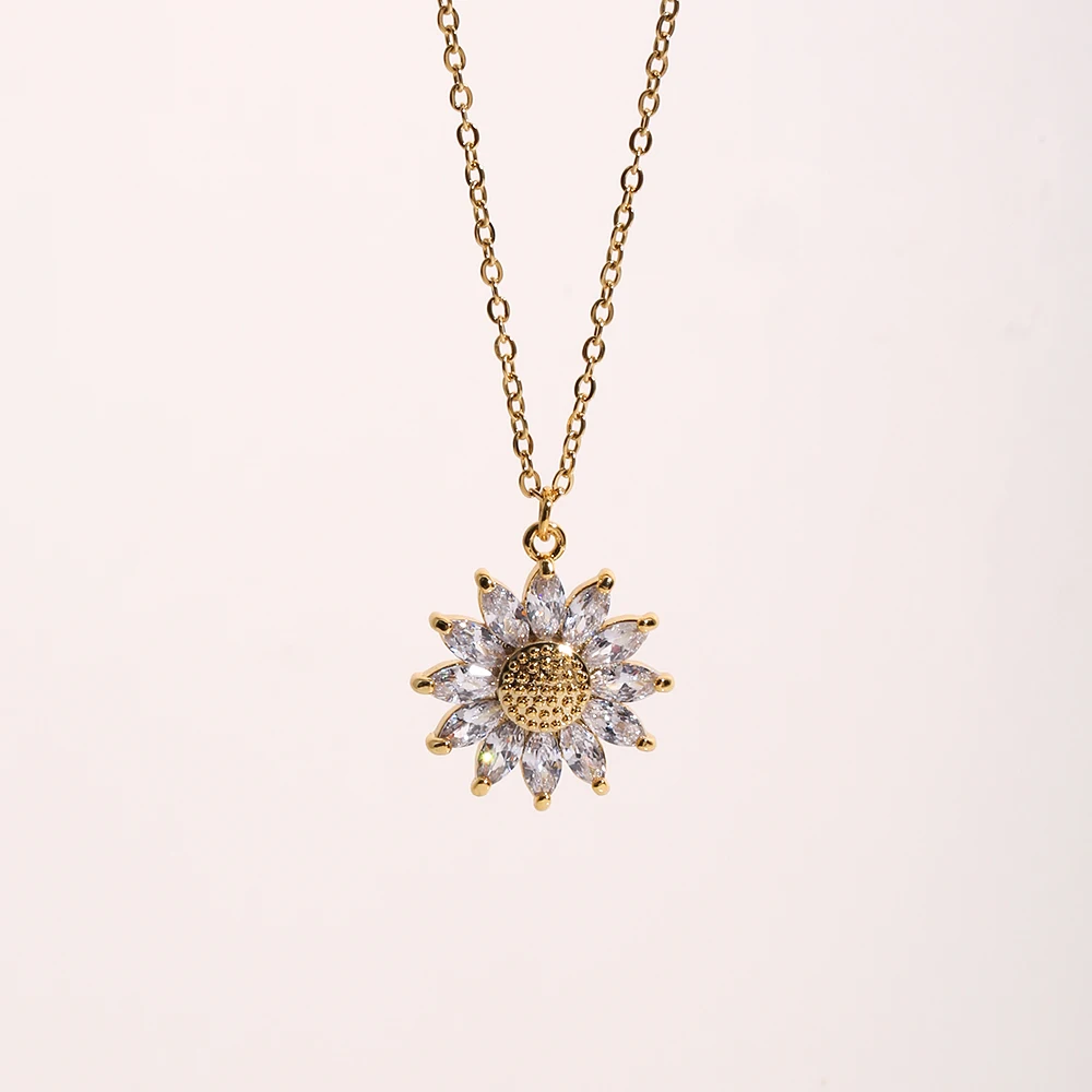 

Dainty Stainless Steel Necklace 18K Gold Plated Zircon Daisy Sunflower Pendant Necklace For Women Girls Jewelry Drop Shipping