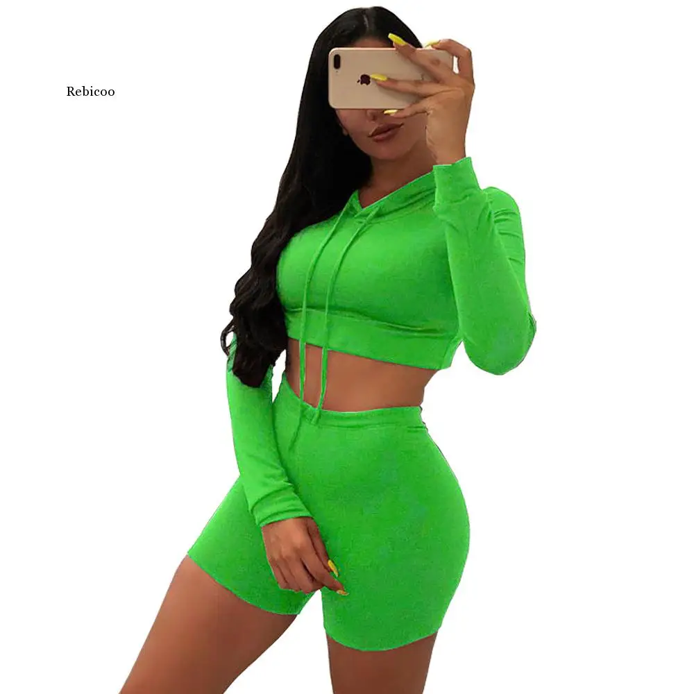 

Fitness Solid Bandage Tracksuit Women Lounge Wear Hoodie Crop Top with Biker Shorts Two Piece Set Outfit Jogging Femme