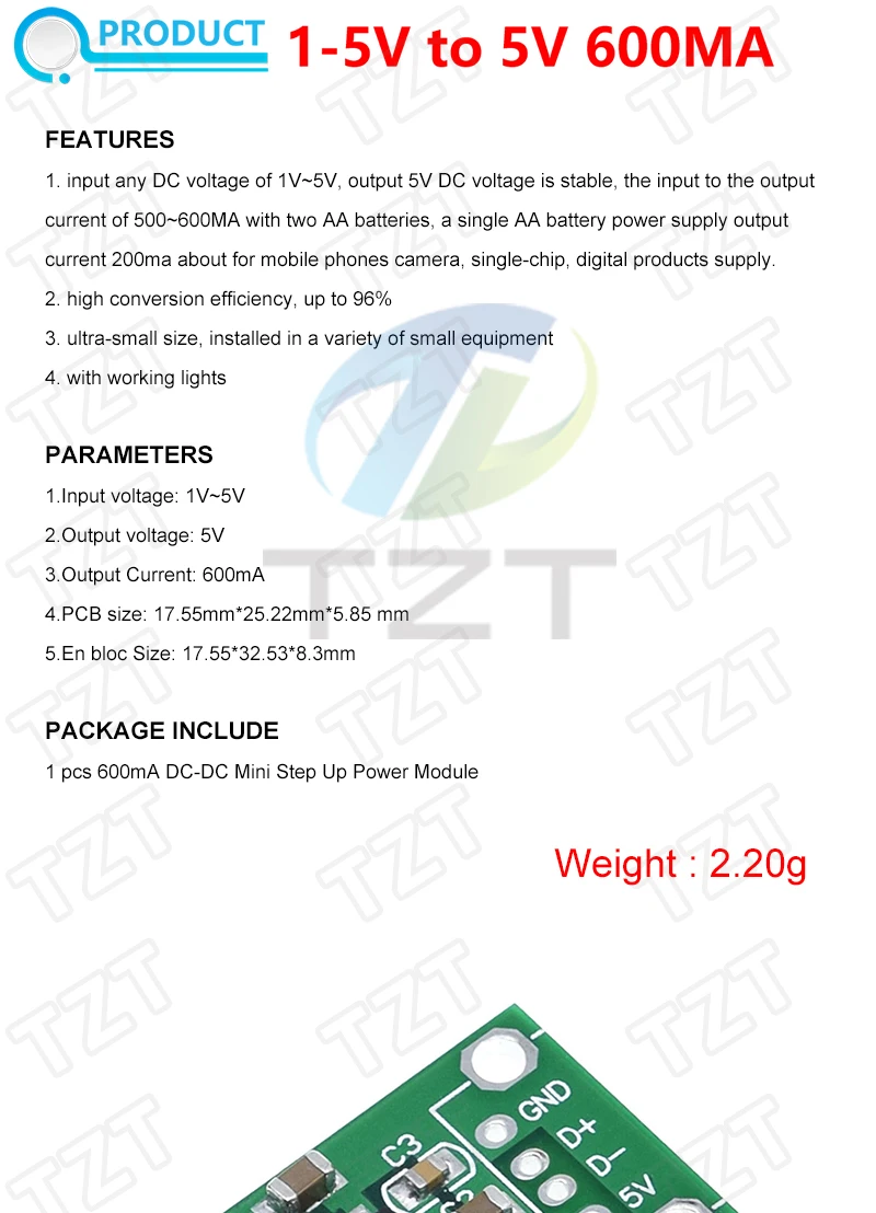 DC-DC-Boost-Modul 0,9-5V auf 5V 9V 480MA 600MA 1200MA 2000MA USB-Ausgangsspannung Step-Up-Lithium-Batteriemodul für Handykamera – Detail 5