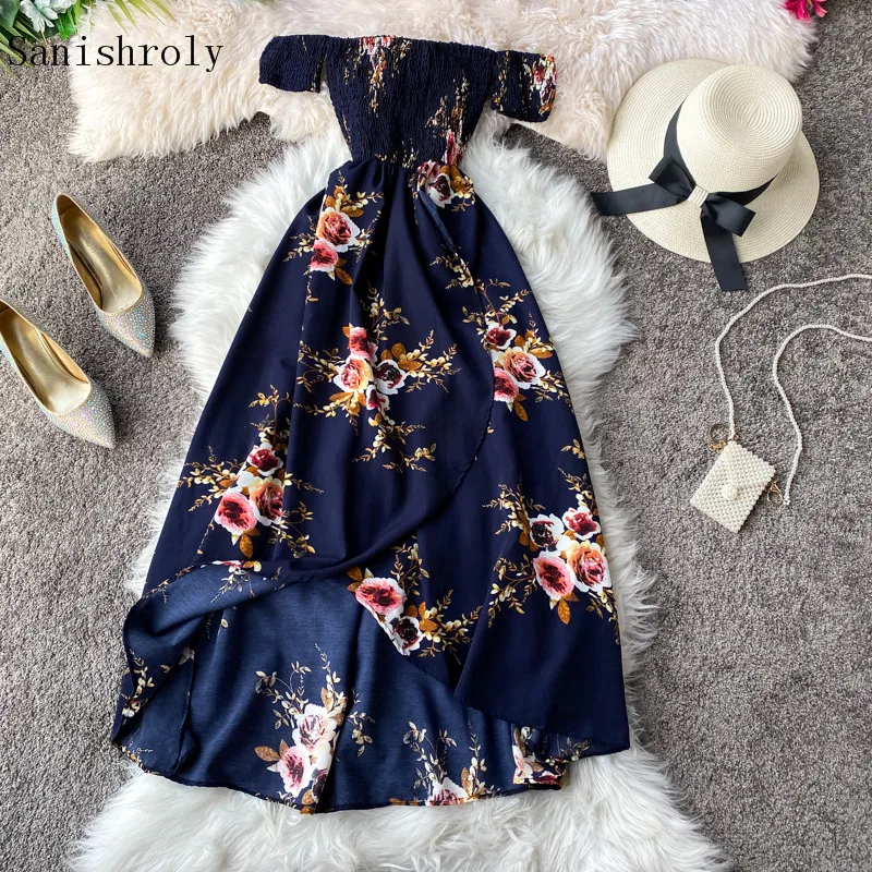 Summer Slash Neck Strapless Irregular Bohemian Dress Female Long Split Floral Print Dresses Women Holiday Beach Dresses Vestidos