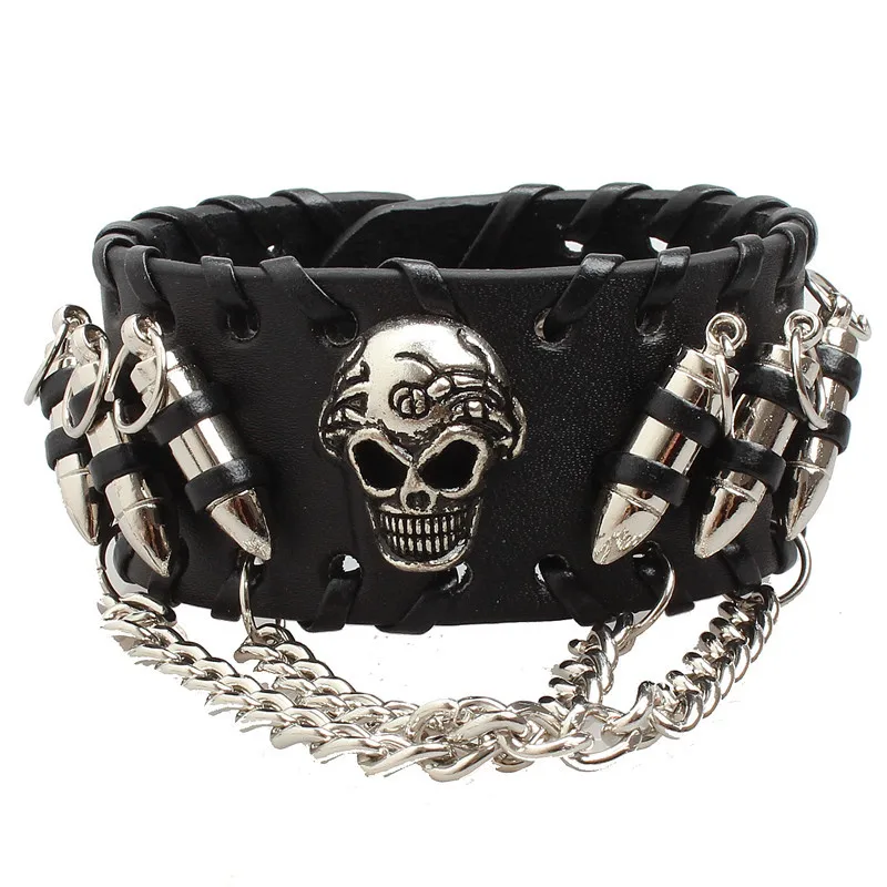 Fashion Gothic Punk Skull Metal bullet Leather Bracelet Men Bracelets & Bangles Male Arm Jewelry Red and black 2022 Accessor