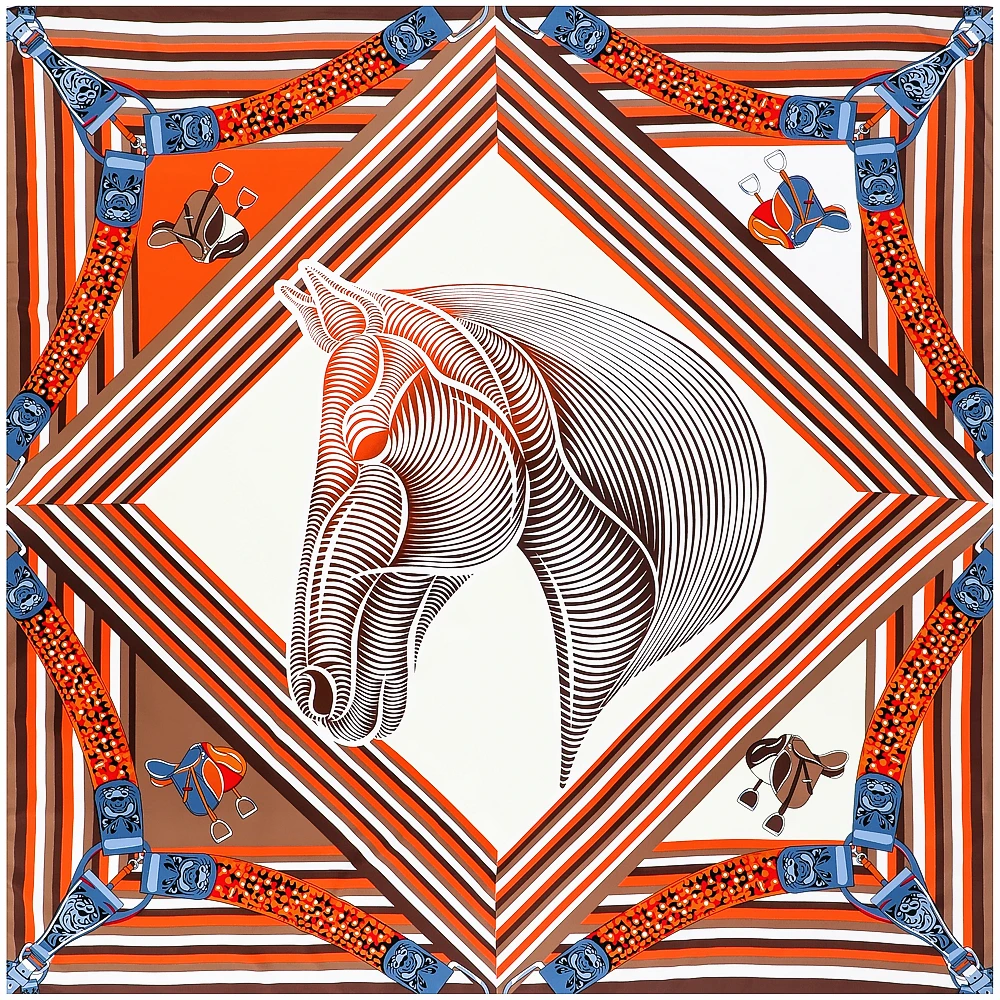 130cm European Retro Geometric Stripe Horse Head War Horse Women\'s Twill Fashion Decoration Scarf Silk Scarf Shawl Large Scarf